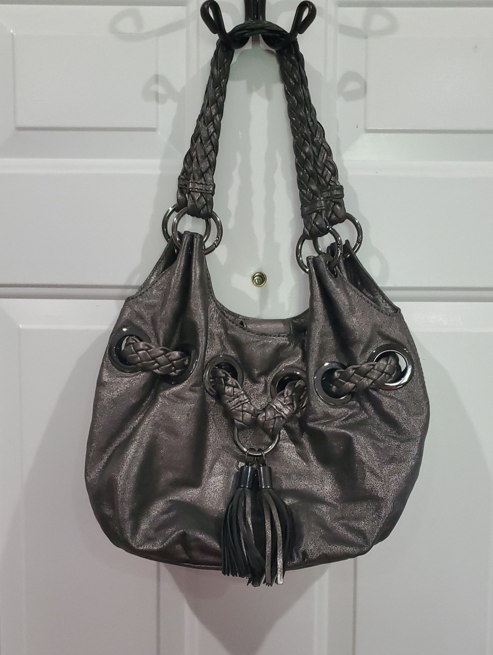 Michael Michael  Kors Gunmetal Braided Handle Shoulder Bag
